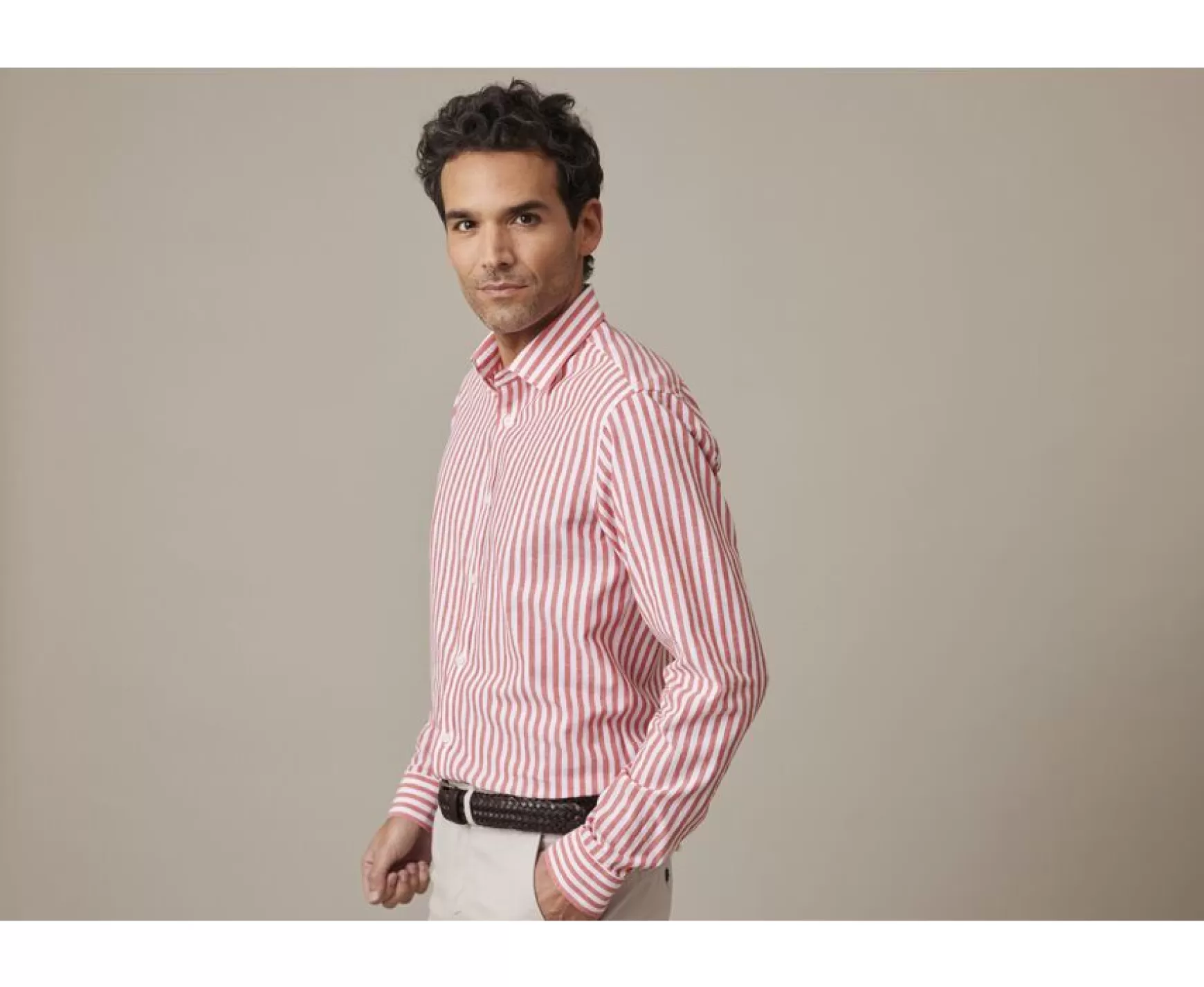Bexley | Coral & White Striped Cotton Linen Shirt Simonin Coral And White